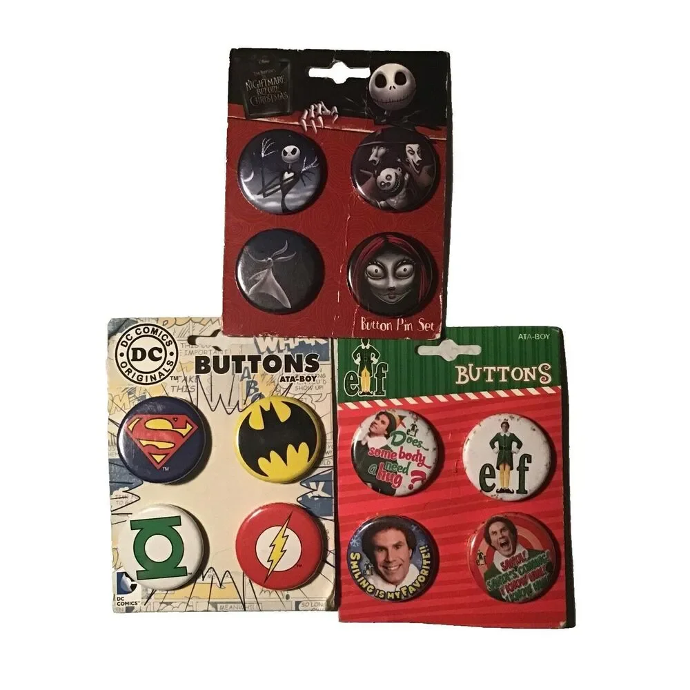 3 Sets Of 4 Buttons - DC Comics, Elf & Nightmare Before Christmas